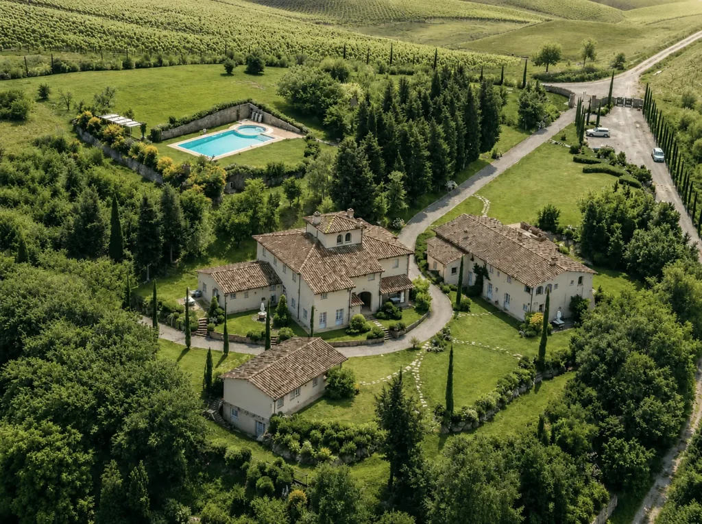 Hartje toscane borgo della meliana luchtfoto van de gebouwen en het zwembad