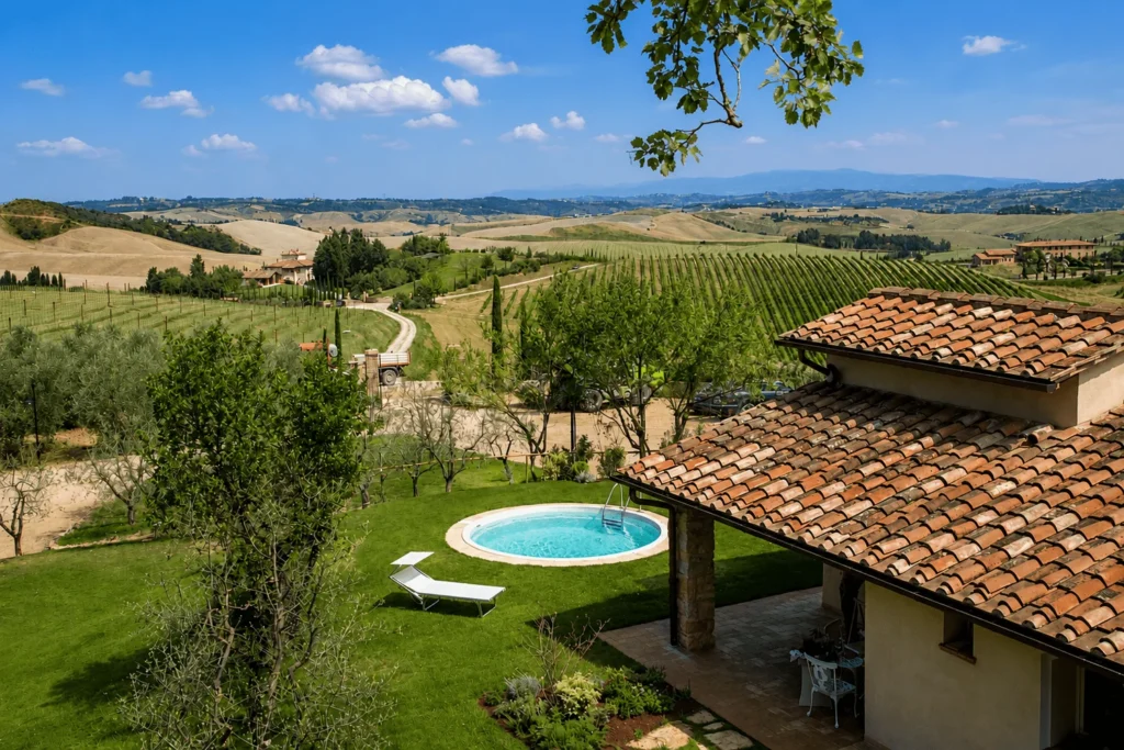 Hartje toscane borgo della meliana uitzicht op een klein rond zwembad en de heuvels