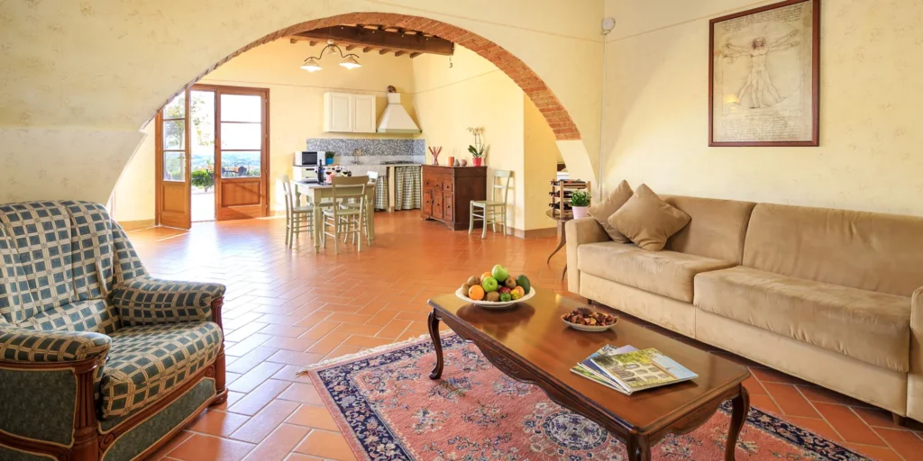 Noord toscane agriturismo streda appartement sangiovese woonkamer panorama