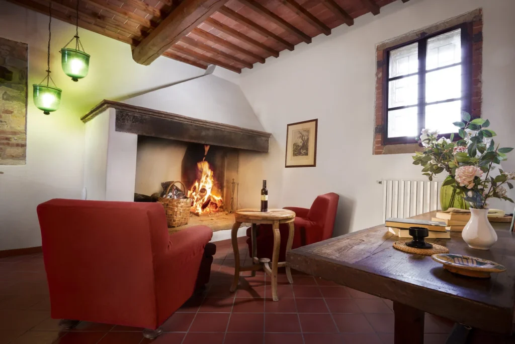 Noord toscane tenuta san vito frantoio woonkamer open haard